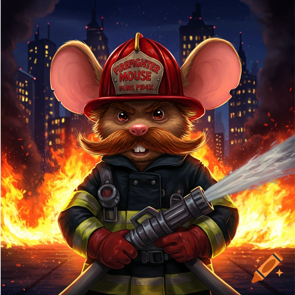 A mouse firefighter holding a hose in front of a burning city.