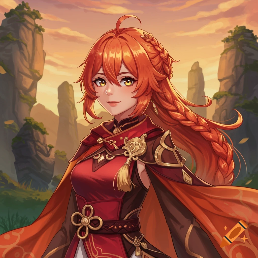 An anime-style character with red hair and a braid in a fantasy outfit stands in a mountain landscape.