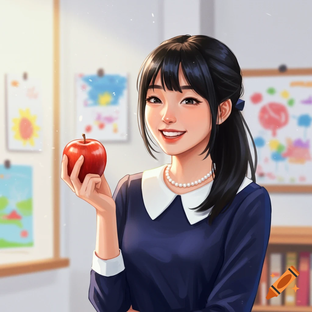 Digital illustration of an asian teacher holding an apple in a classroom