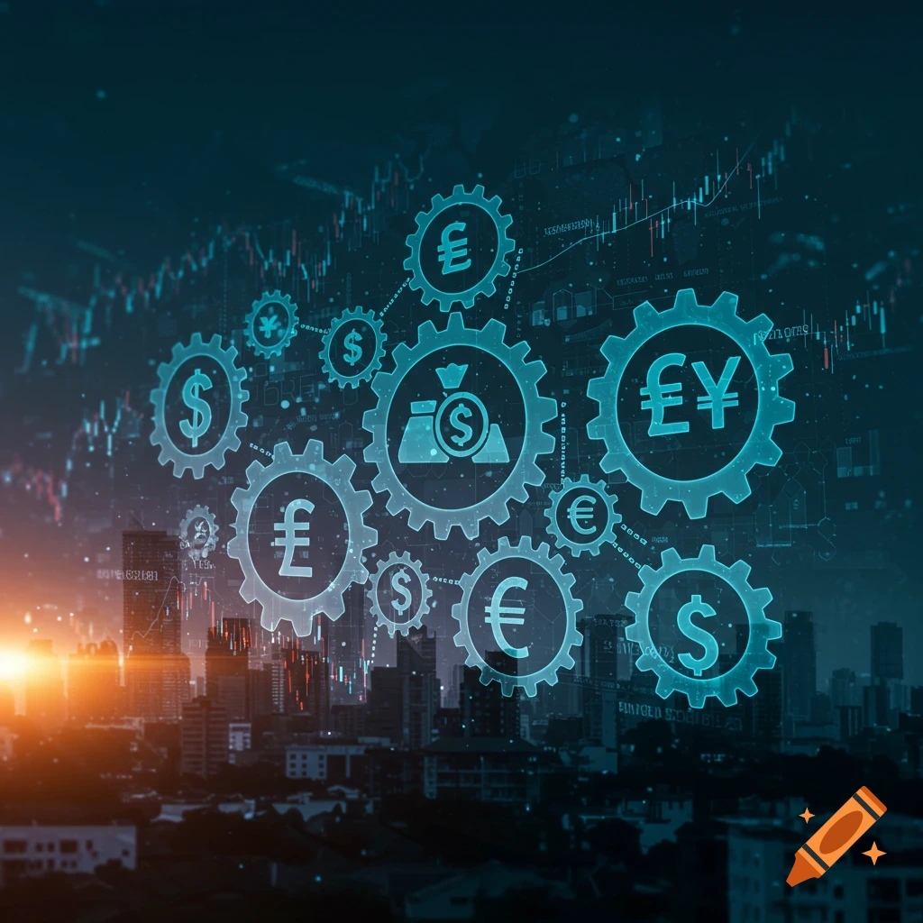 Currency symbols on gears over a cityscape with financial data charts.
