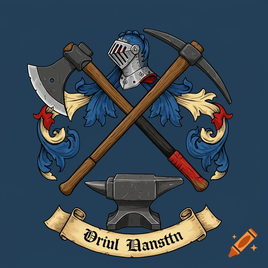 Medieval style crest with crossed axe and pickaxe, helmet, anvil, and banner.