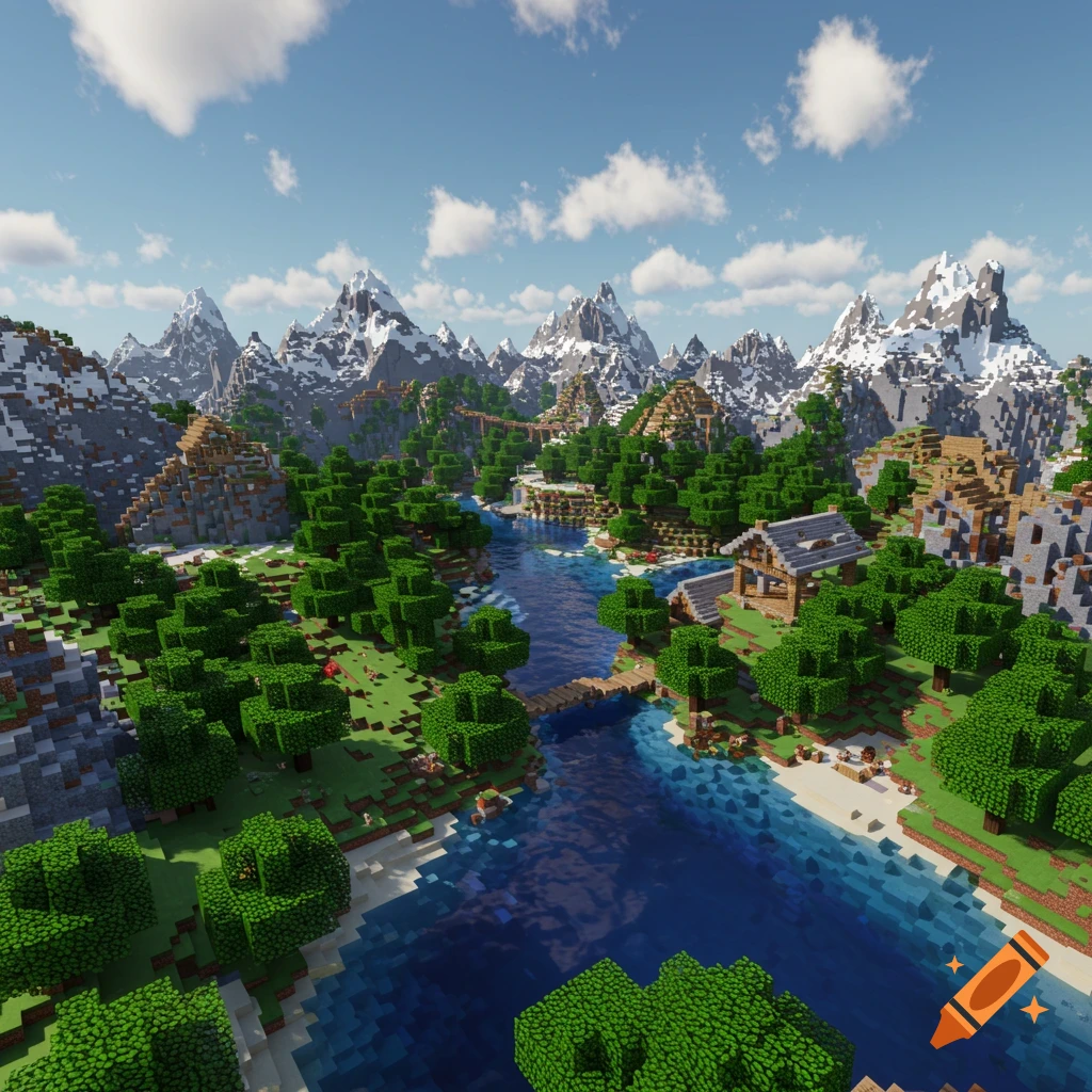 Minecraft-style landscape with mountains, river, forest, and a small house under a sunny sky.
