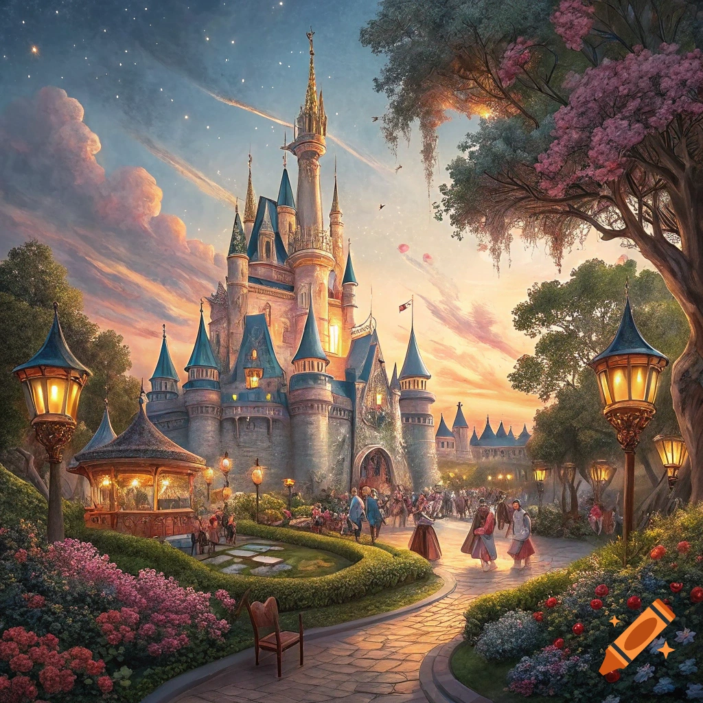 Fantasy castle at sunset in a detailed park setting with gardens and people, in a painterly style.