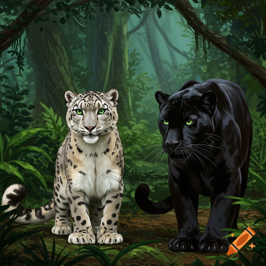 A snow leopard and a black panther in a jungle.