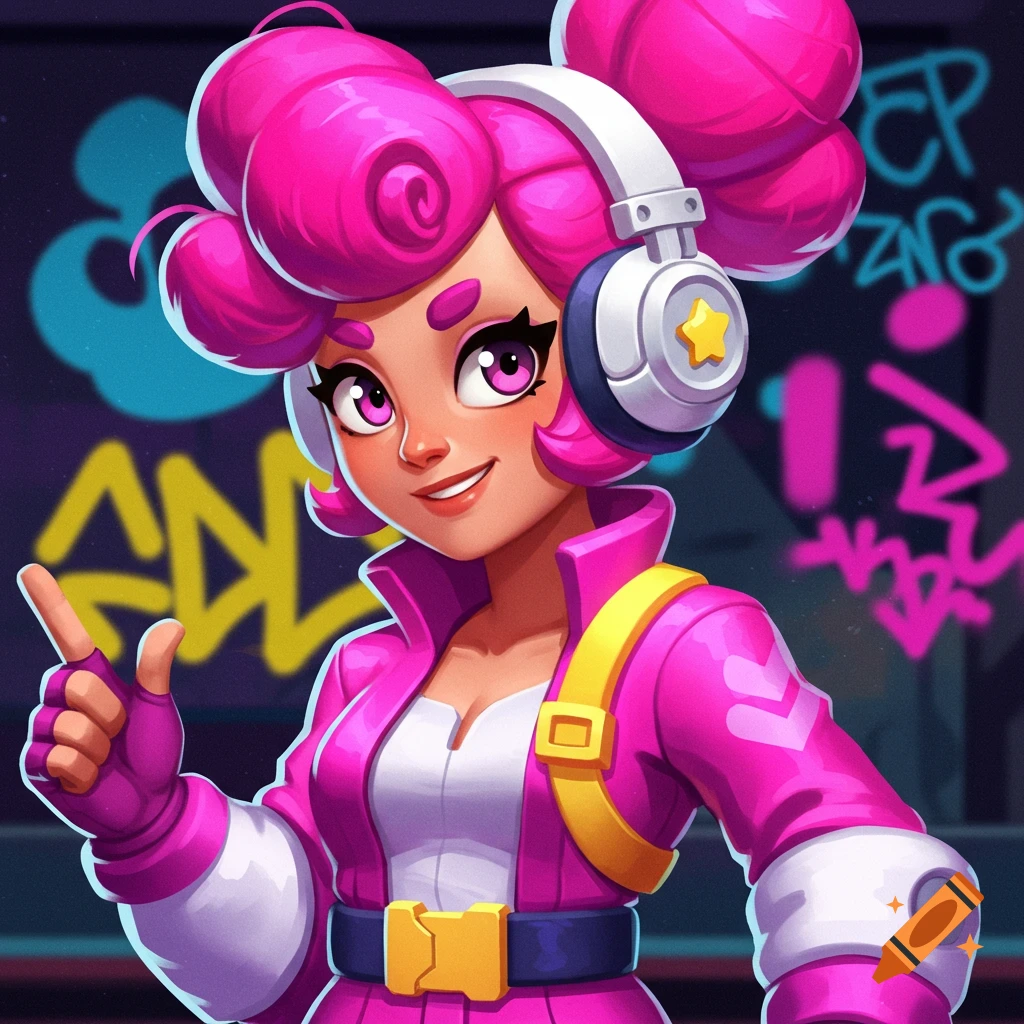 A cartoon character with pink hair and headphones in a pink jacket pointing a finger.
