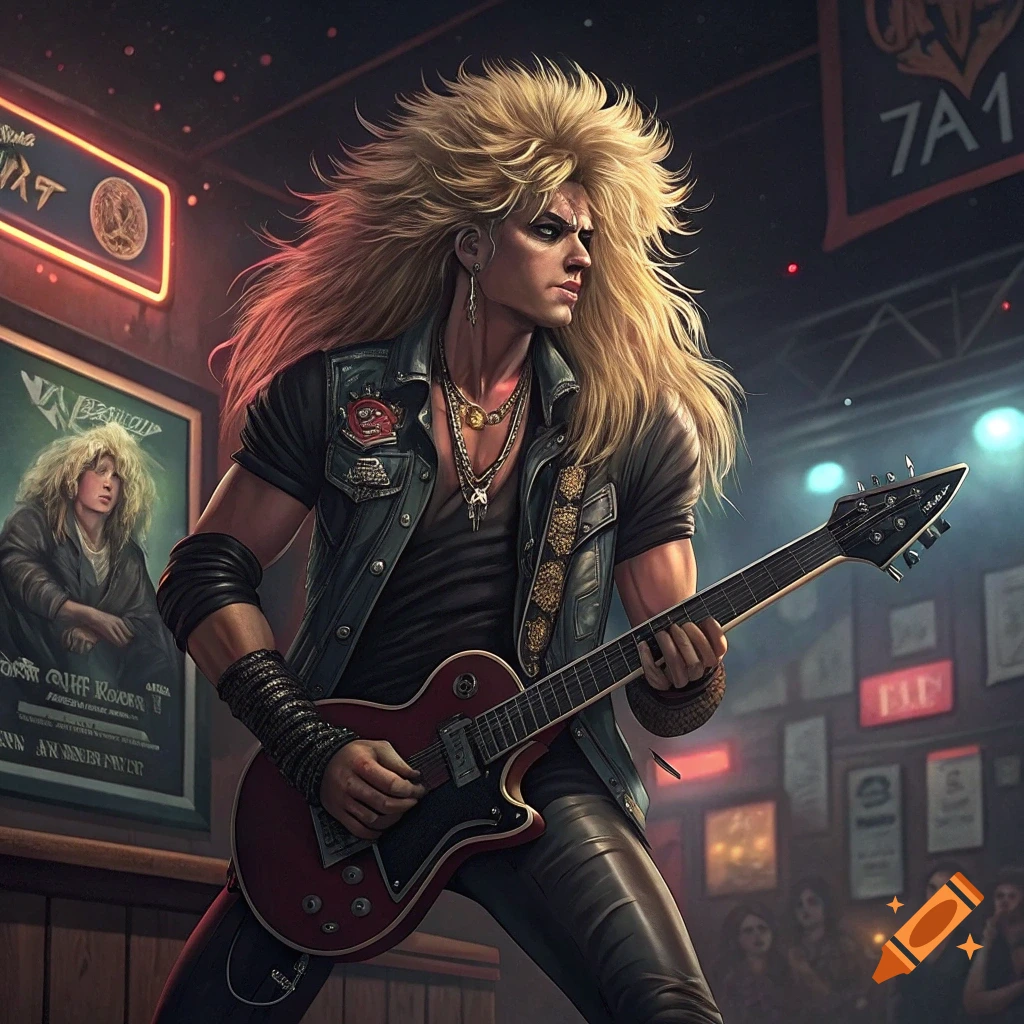 Hair metal musician with blonde hair plays electric guitar on stage.