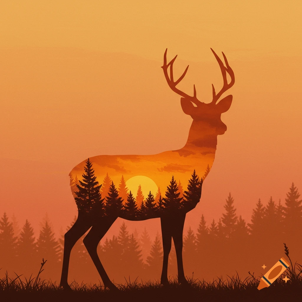 Silhouette of a deer filled with a sunset and forest scene against an orange sky.