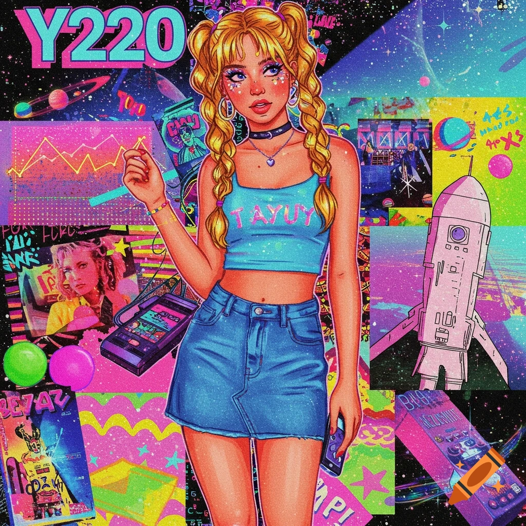 A girl with pigtails in a crop top and denim skirt is at the center of a collage in a Y2K aesthetic style.  The collage is vibrant and features bright colors, space elements, and retro tech.
