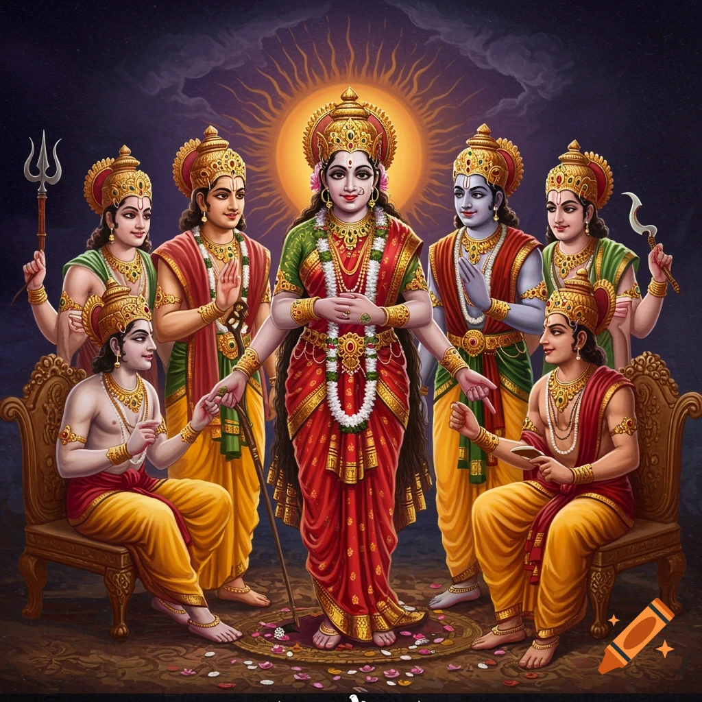 A central goddess-like figure is surrounded by multiple deities or sages under a stylized sun.