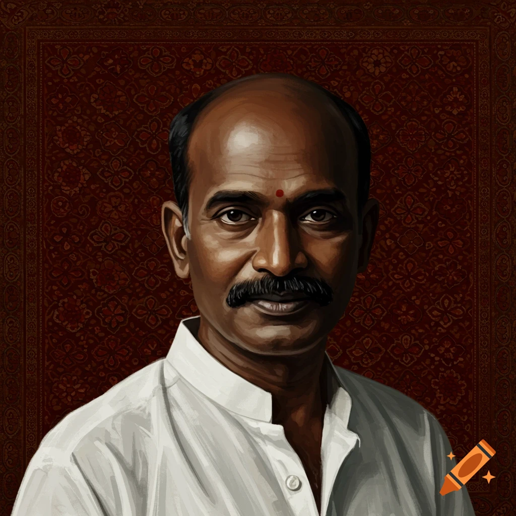 Portrait of a balding dark-skinned man with a mustache in a white shirt against a red patterned background.