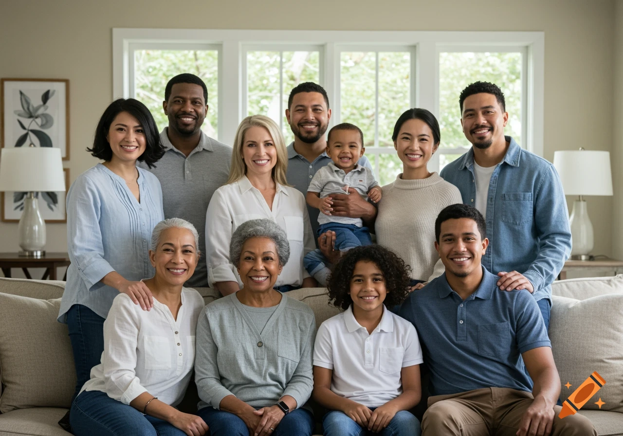Multi-generational family portrait smiling together on a couch in a living room.