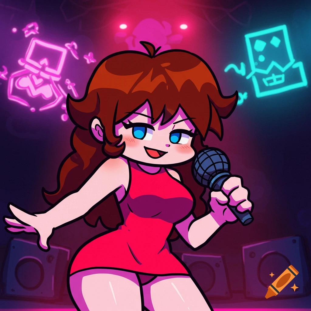 Cartoon character Girlfriend singing on stage with a microphone, speakers, and neon symbols in the background.