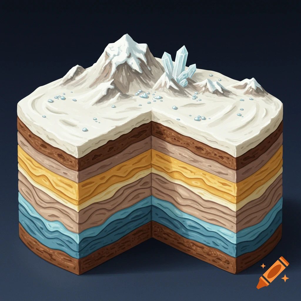A hexagonal cake-like cross-section showing geological layers topped with snowy mountains and crystals.