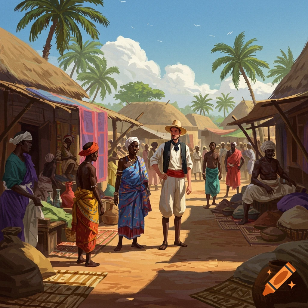 A bustling African market with people buying and selling goods.