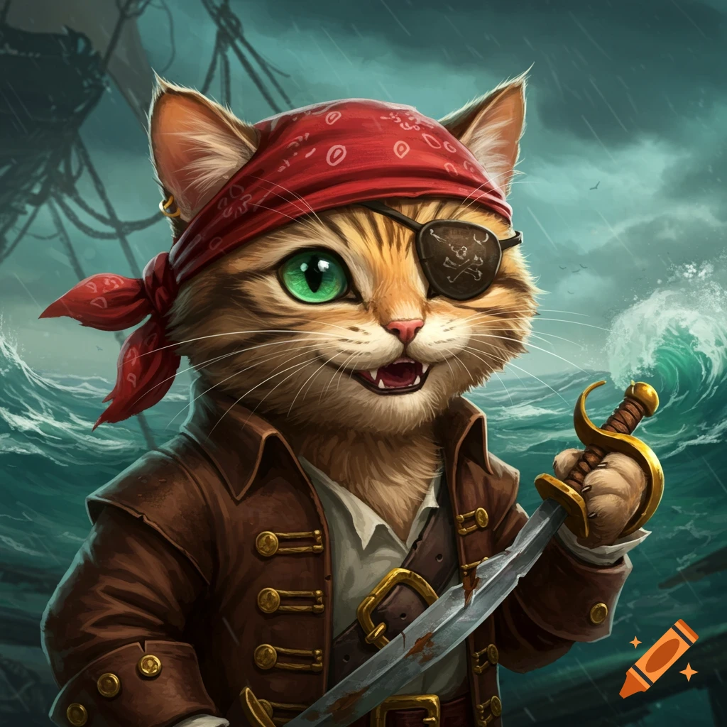 A pirate cat with an eyepatch and sword on a ship in a stormy sea.