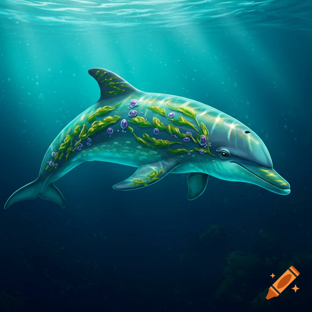 A dolphin with green patterns and purple spots swimming underwater