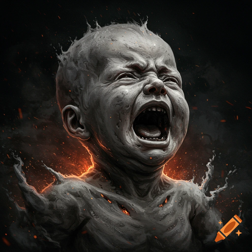 A screaming baby figure made of ash and fire.