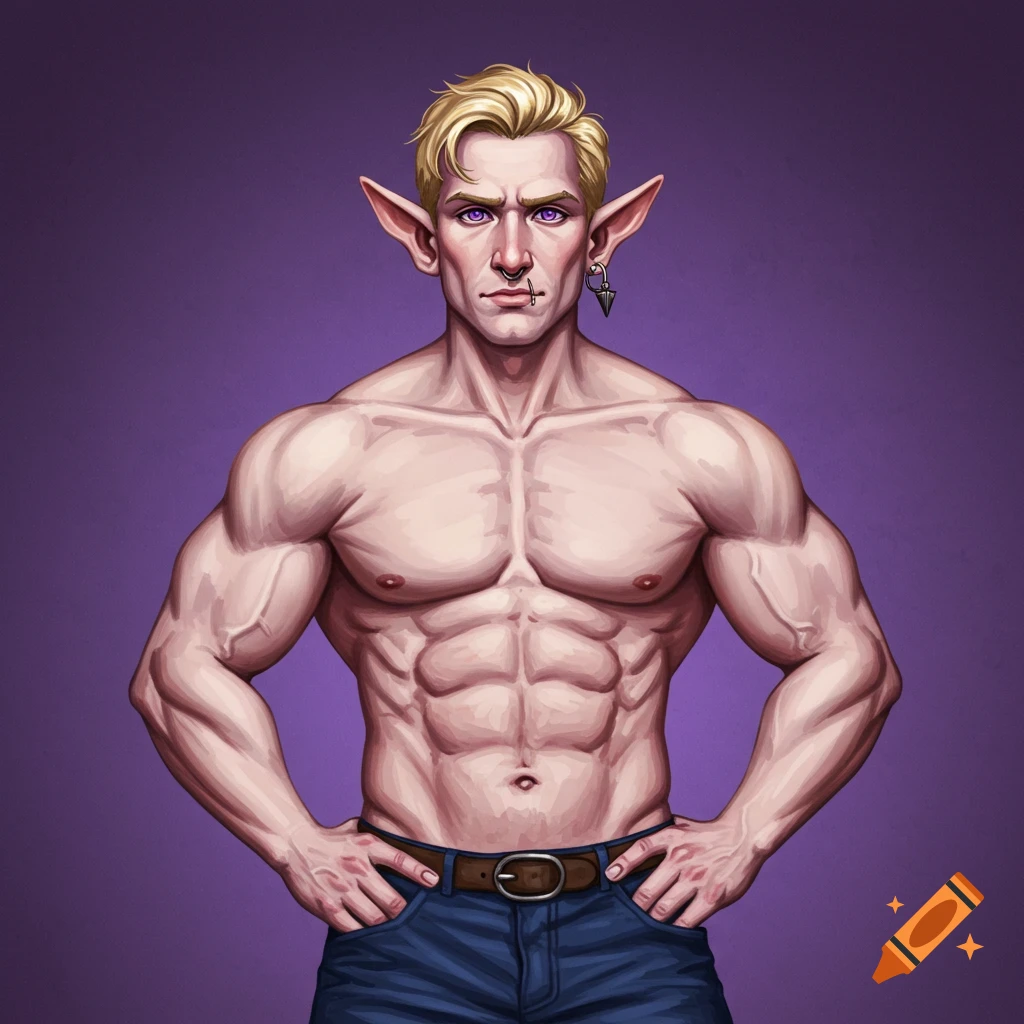 A muscular man with blonde hair, purple eyes, and elf ears.