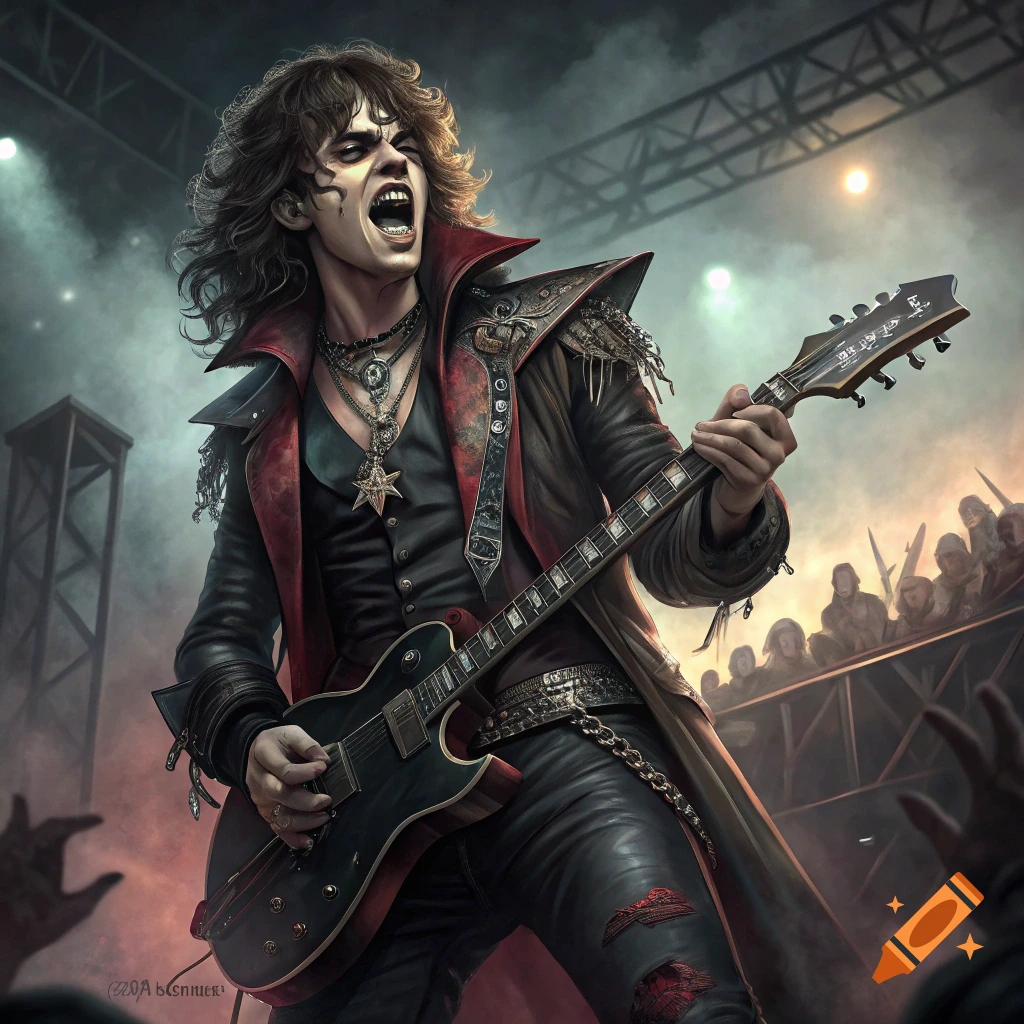 A vampire rockstar with wild hair and a long coat plays guitar on stage.