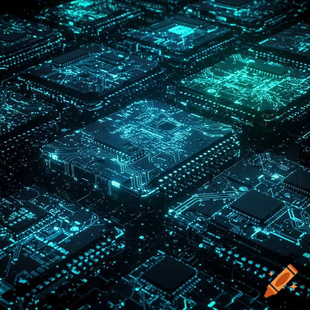 Close-up digital rendering of interconnected computer chips with glowing blue circuitry.