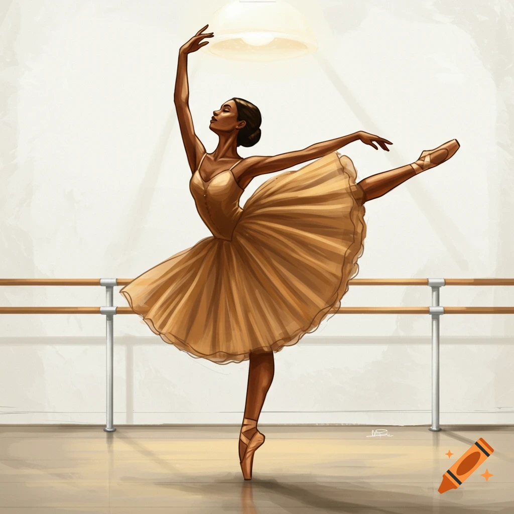 A ballerina on pointe in a tan tutu performs in a dance studio.