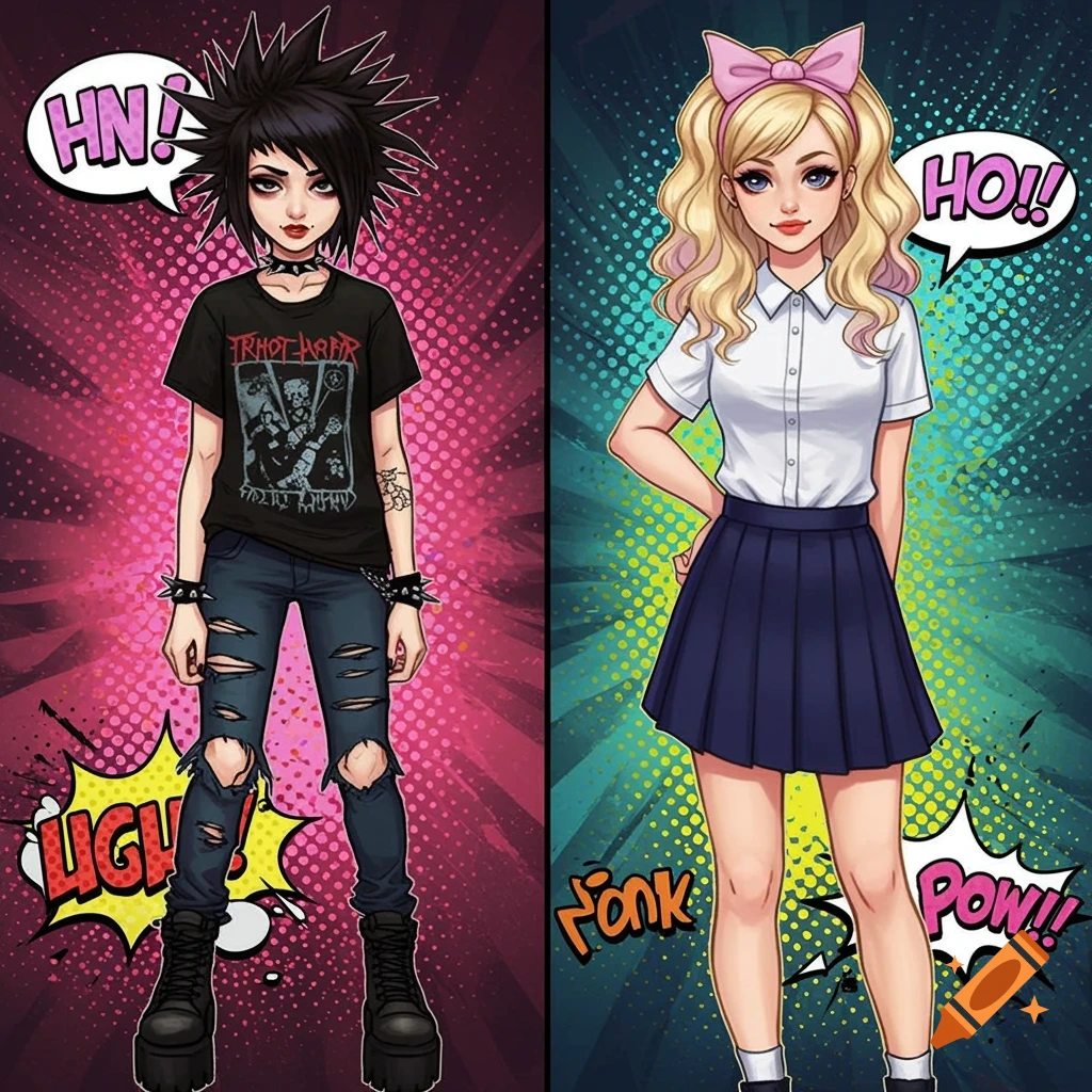 Two girls, one emo with spiked hair and ripped clothes, one preppy with blonde hair and a pleated skirt, in a comic book style with speech bubbles.