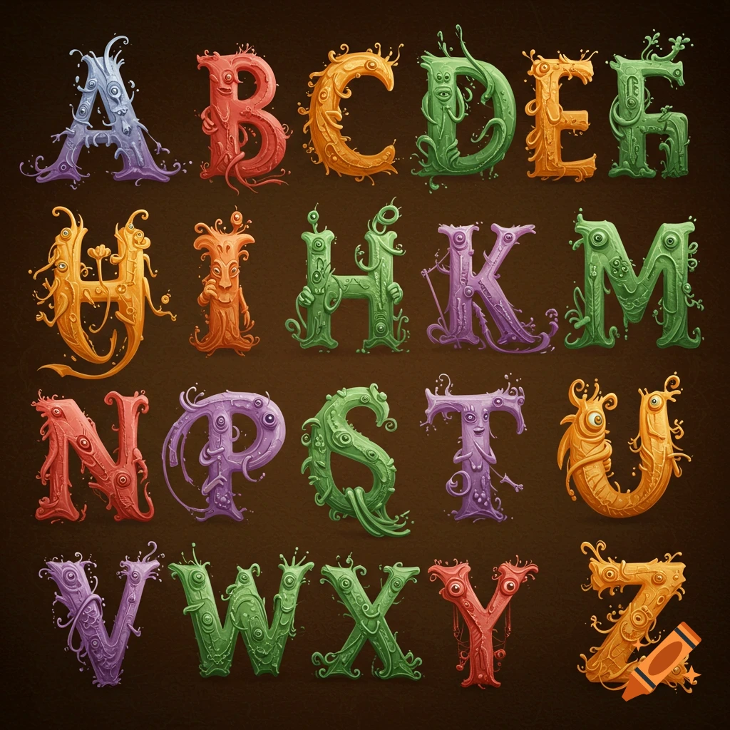 The alphabet A-Z, with each letter stylized as a colorful, unique monster or creature on a dark background.