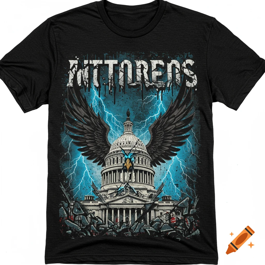 Graphic design of Capitol dome with eagle wings, lightning, and stylized text.