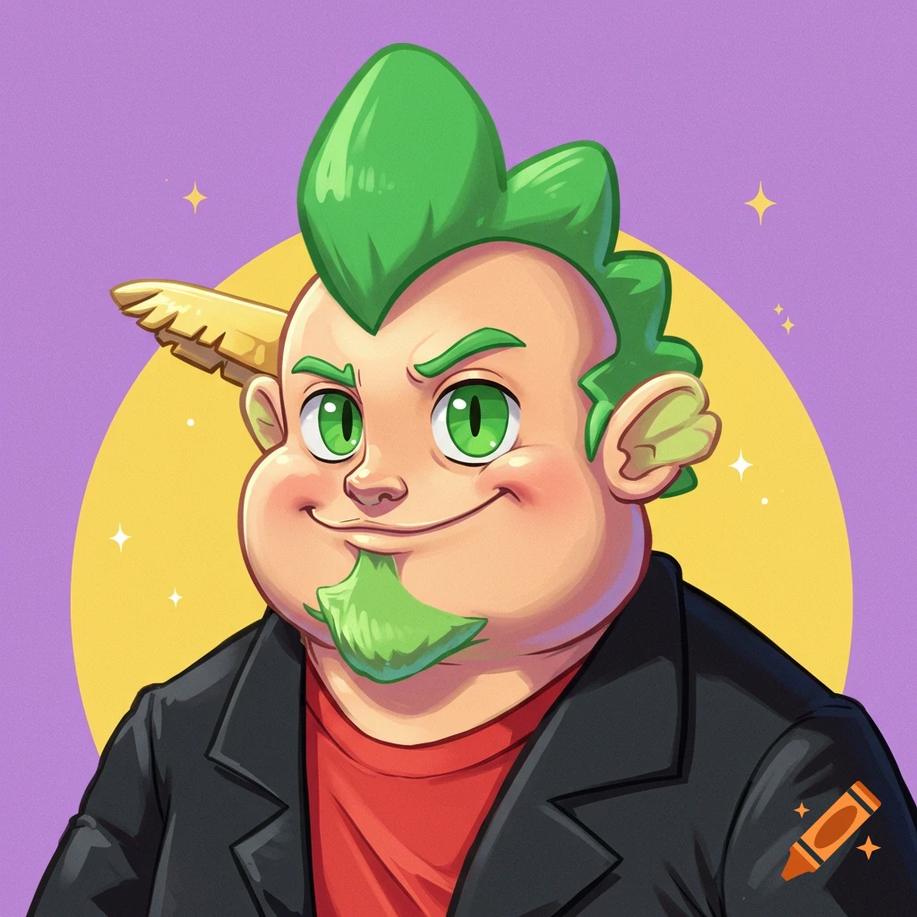 A cartoon portrait of a character with green hair and beard, wearing a black jacket, with a small wing behind their head.