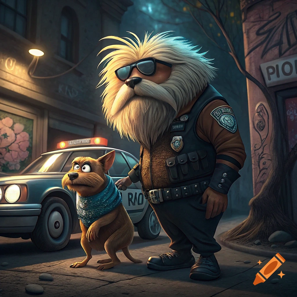 Stylized illustration of a large police officer arresting a small, anxious animal next to a police car on a city street at night.