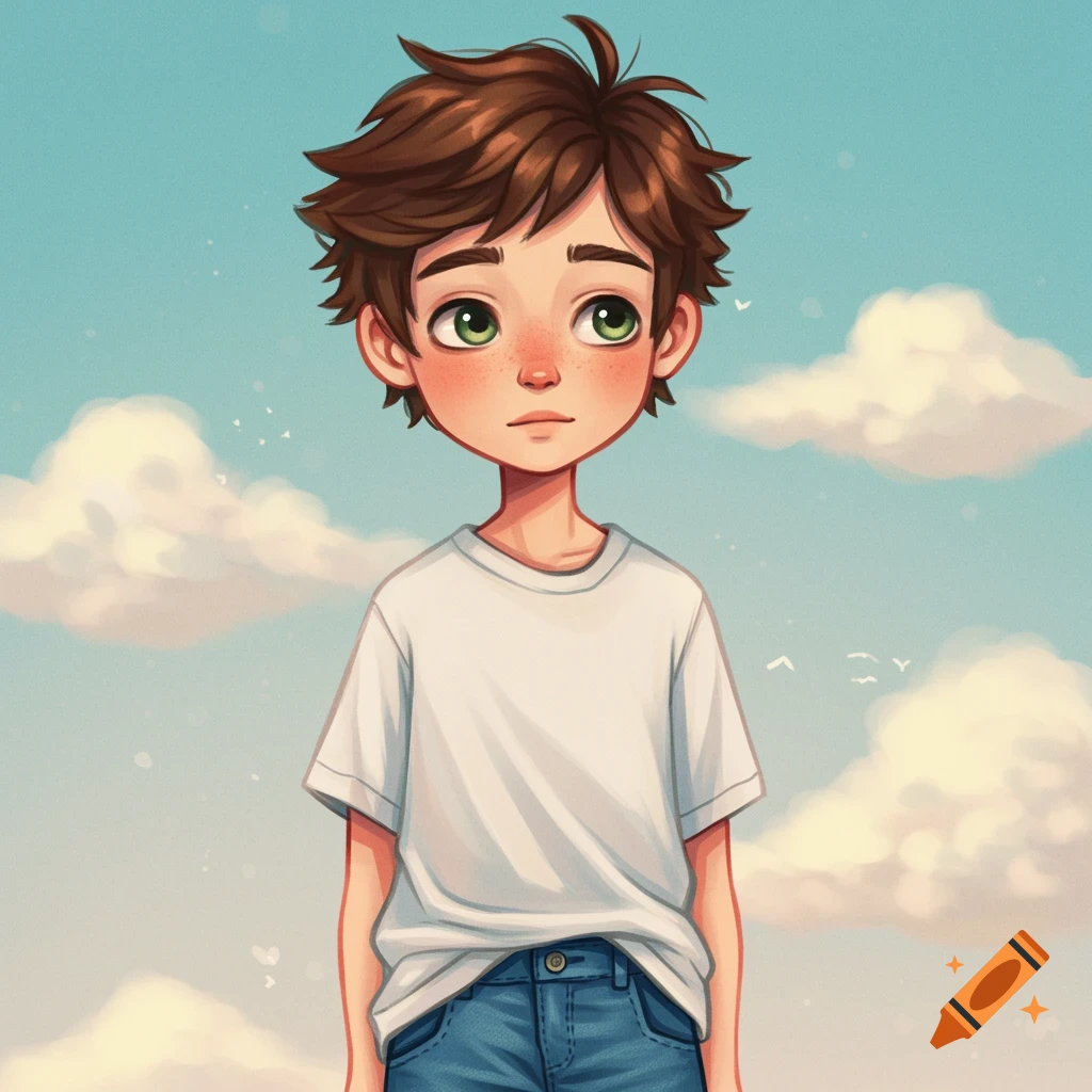 Illustration of a young boy with brown hair and green eyes in a white t-shirt and jeans, looking up against a cloudy sky.
