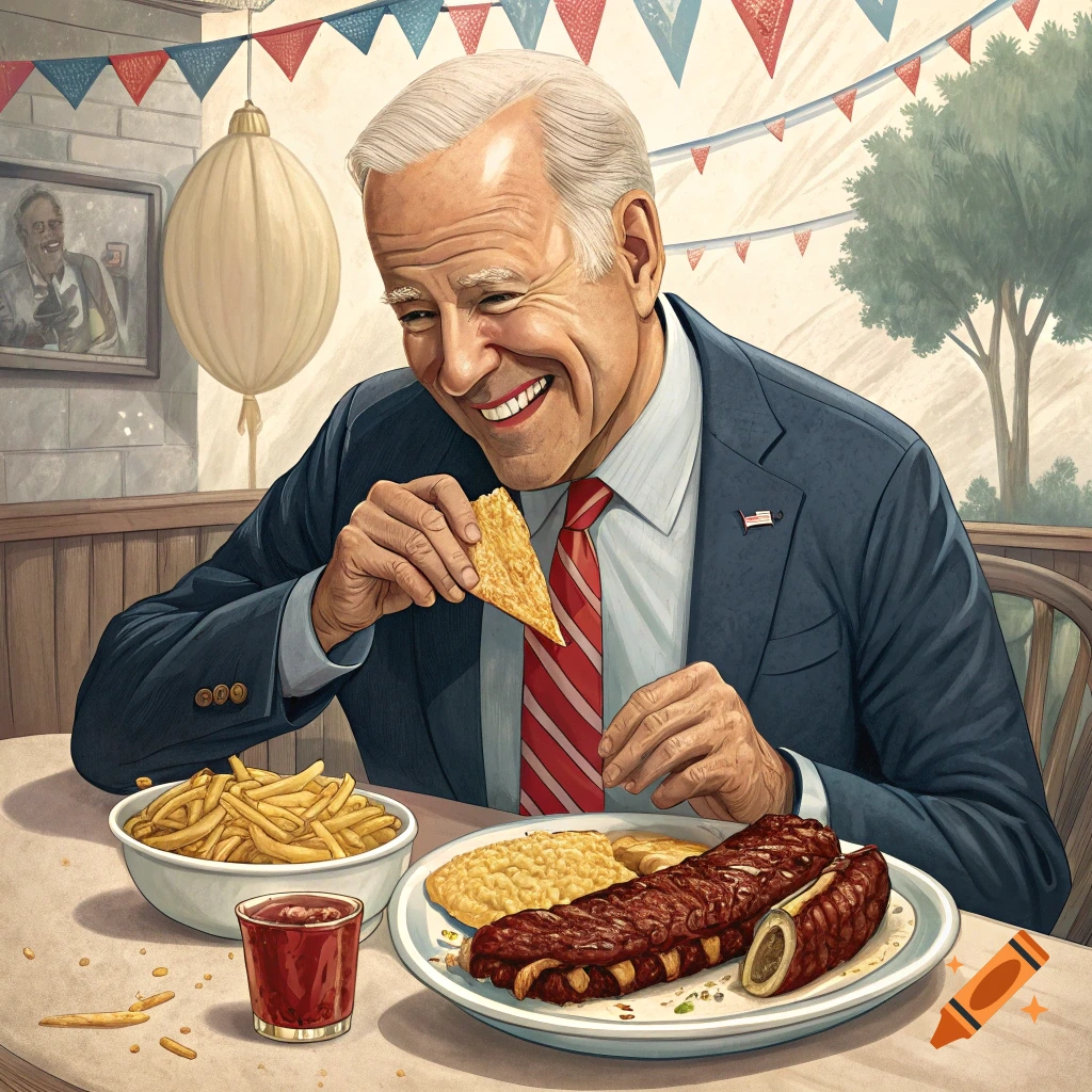 Illustration of Joe Biden eating BBQ ribs and fries at a table, holding a chip.