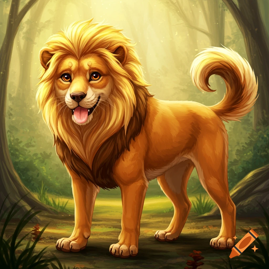 a cartoon creature blending lion and dog features standing in a sunlit forest.