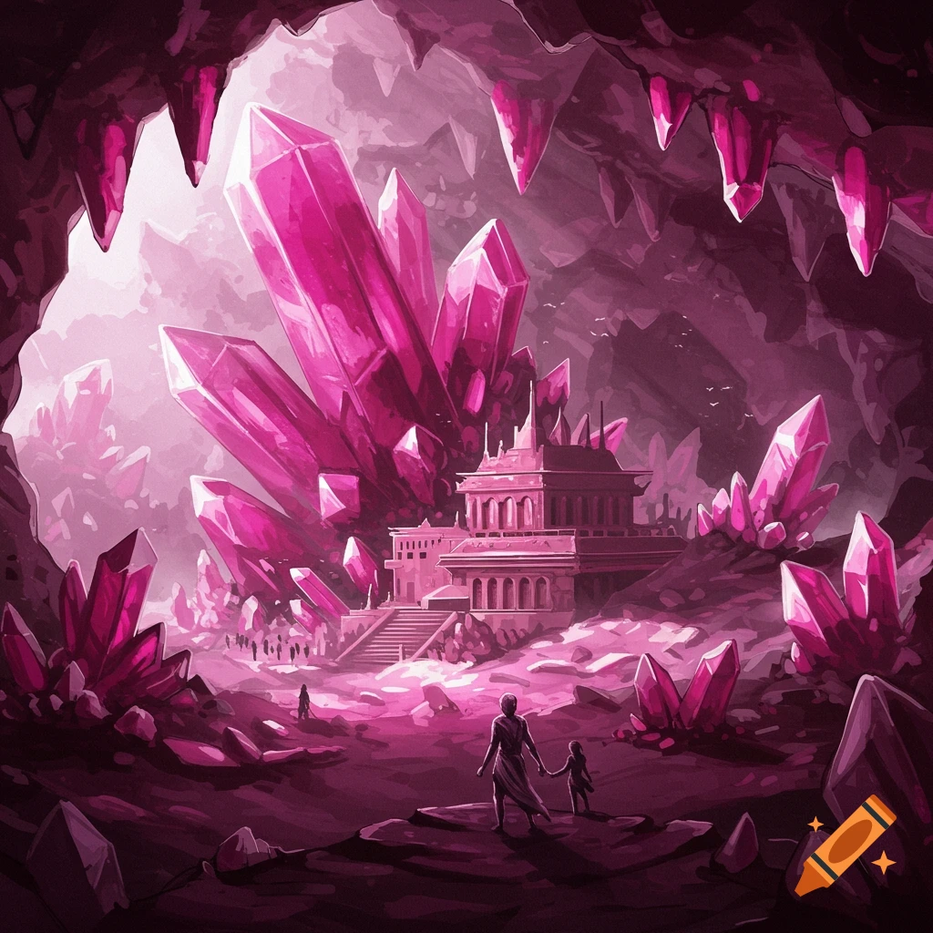 A cavern filled with giant pink crystals, a building, and figures.