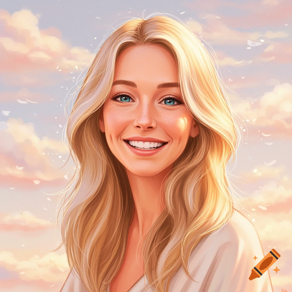 Portrait of a smiling blonde woman with blue eyes against a cloudy sky background.