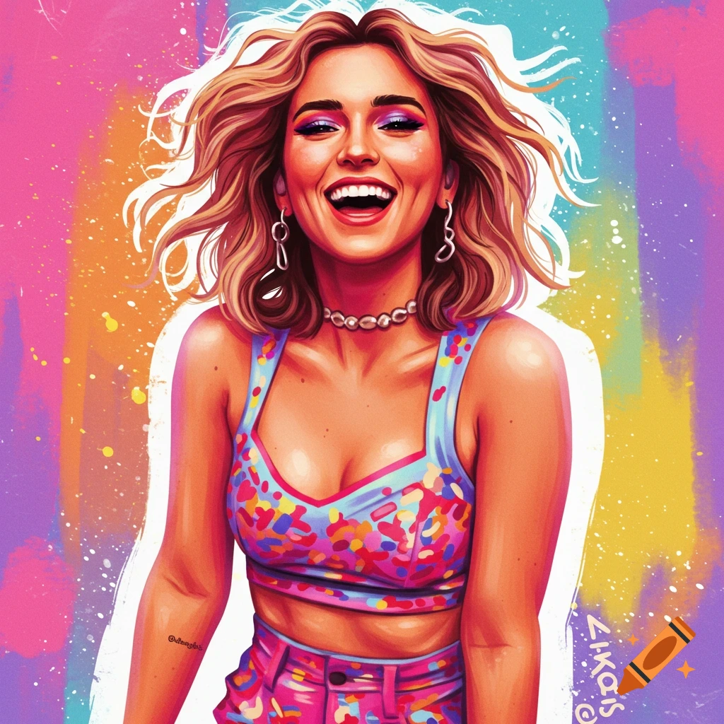 Vibrant digital art portrait of a laughing woman in a crop top