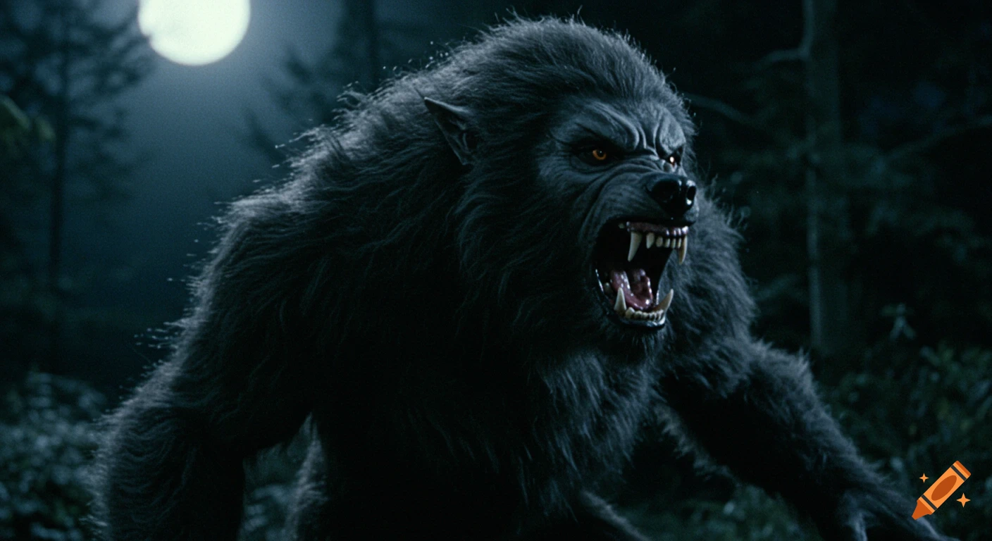 A menacing werewolf with glowing eyes roars at the moon in a dark forest.
