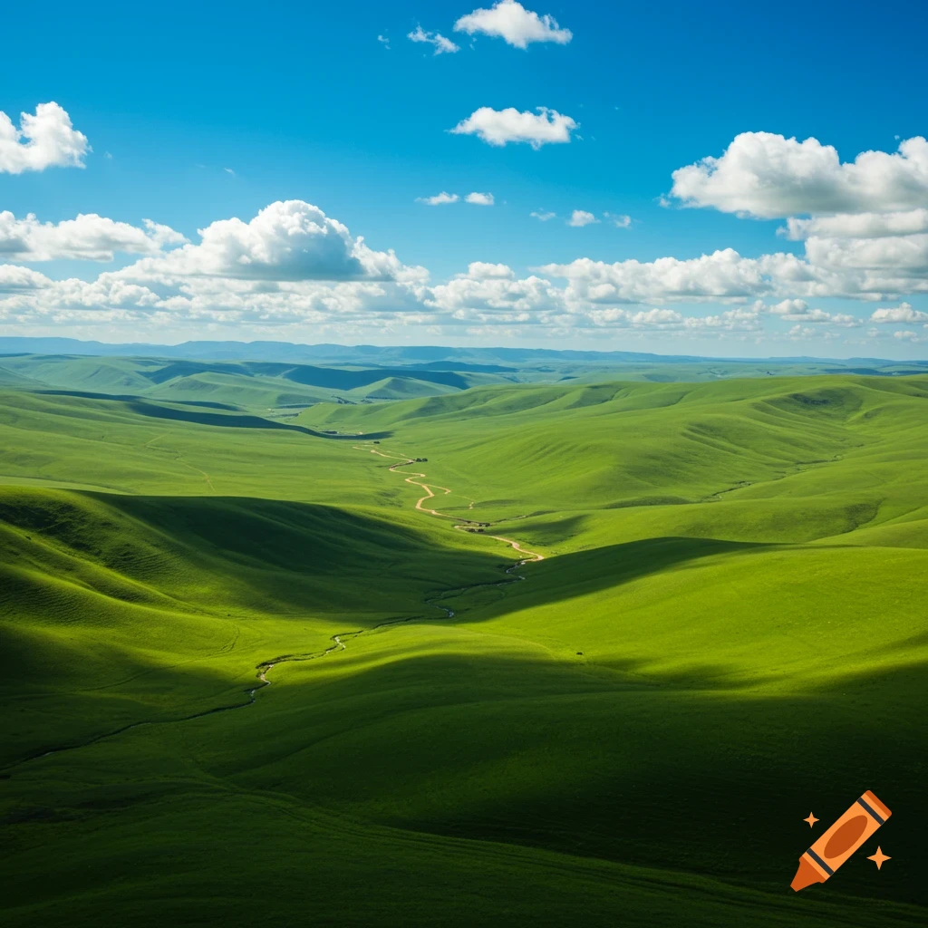 Green rolling hills under a blue sky with fluffy clouds, with a winding path and stream.