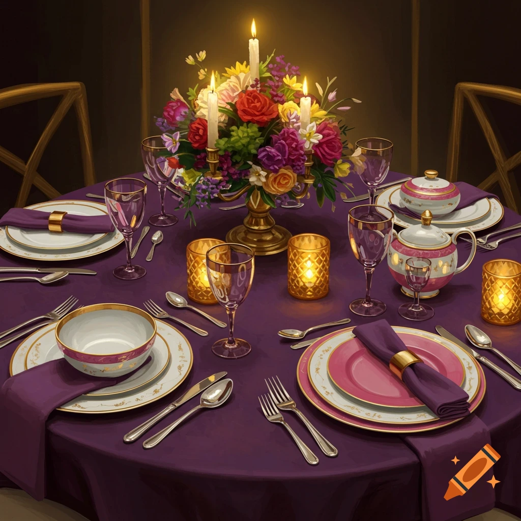 A formal dinner table set with purple cloth, flowers, candles, dishes, glasses, and cutlery.