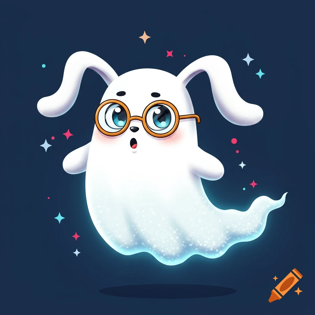 A cute white cartoon ghost with long ears and glasses floats with a blue glow and stars.