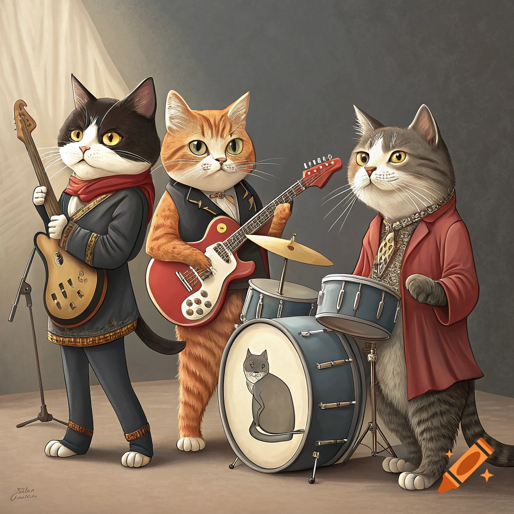Three anthropomorphic cats dressed in suits playing guitars and drums on a stage
