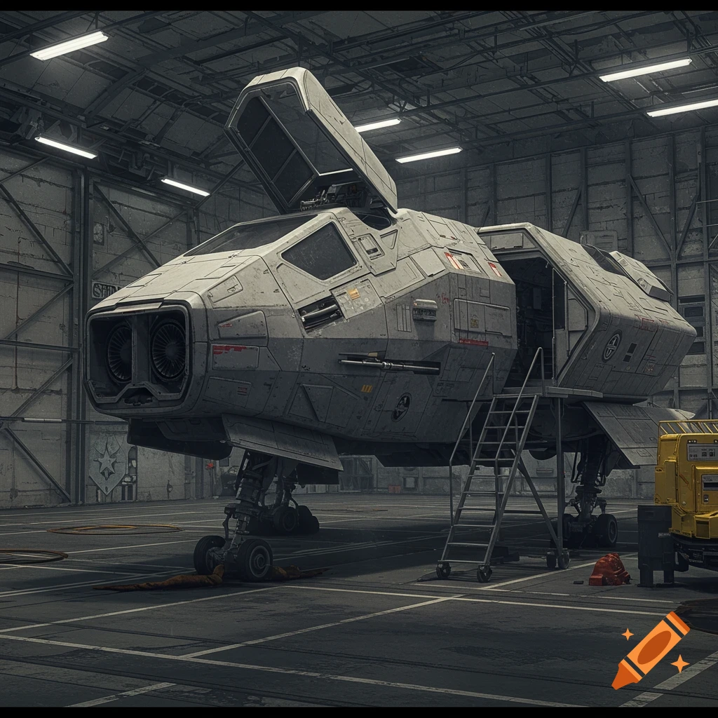 Highly detailed science fiction spacecraft in a hangar.