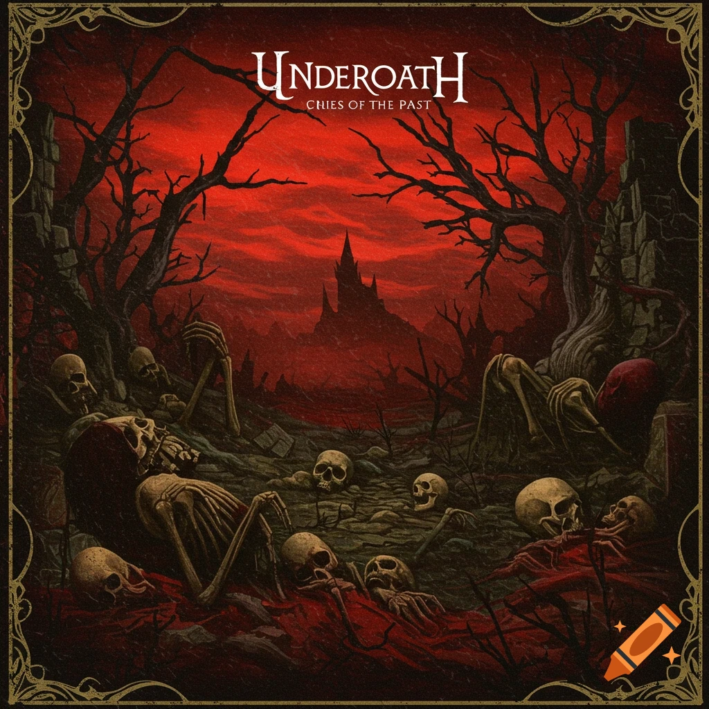A dark gothic scene of skeletons and skulls in a graveyard with a castle under a red sky and text.