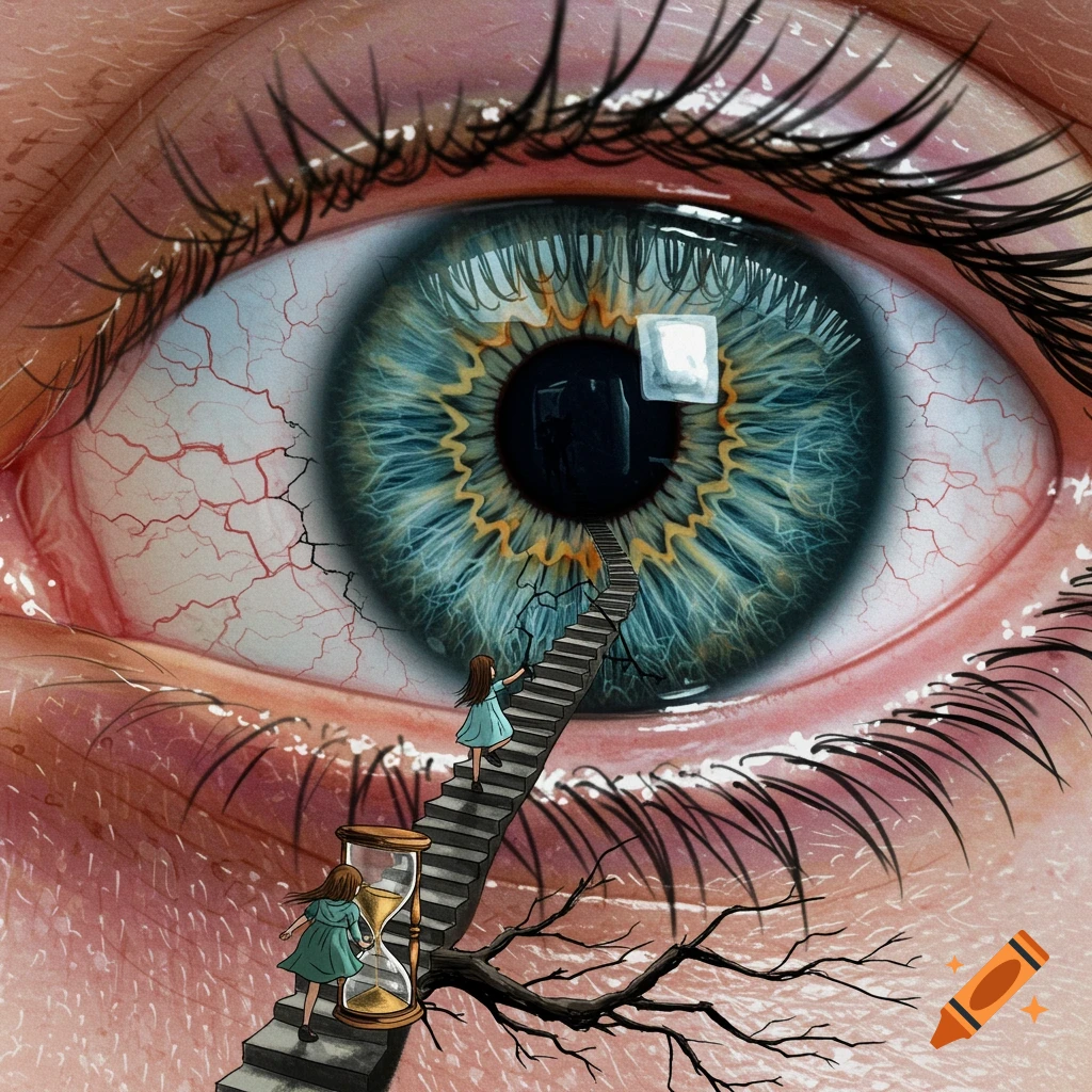 A surreal drawing of a giant human eye with a staircase leading into the pupil. A small girl climbs the stairs as another stands below with an hourglass.