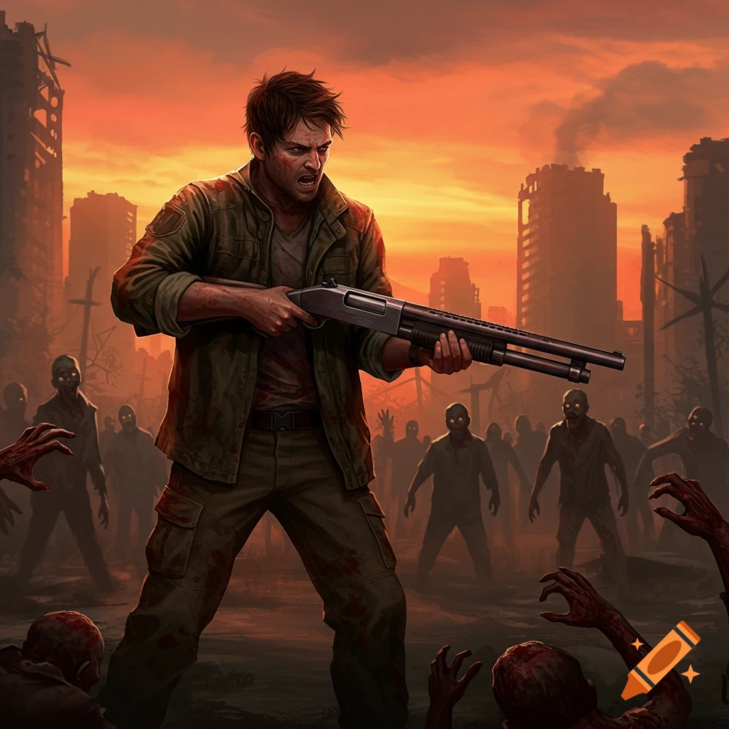 A man with a shotgun fighting zombies in a post-apocalyptic ruined city at sunset.