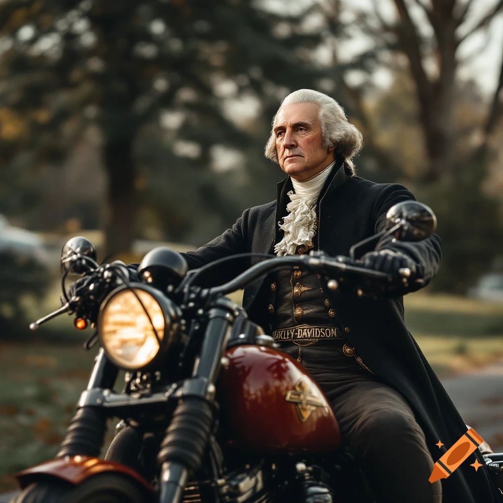 George Washington in historical attire rides a Harley-Davidson motorcycle in a park. Photorealistic.