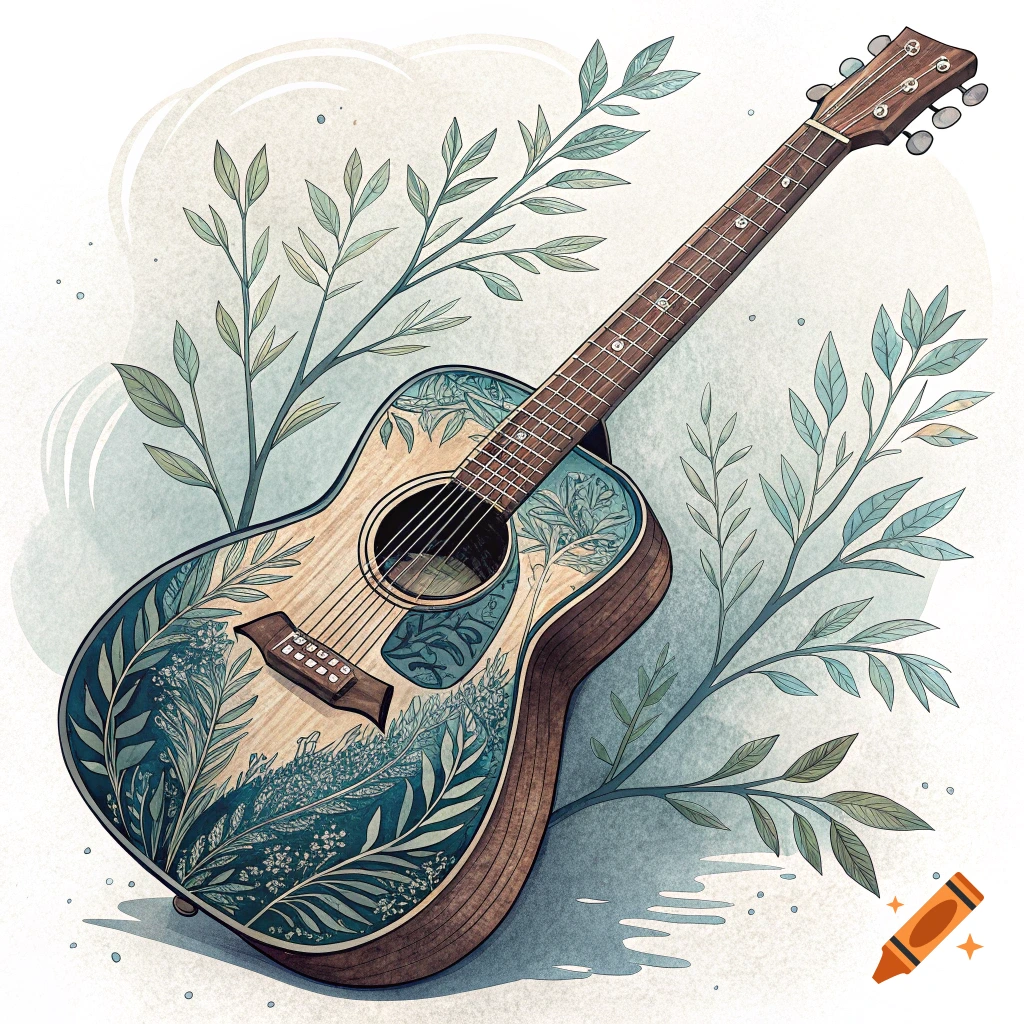 Acoustic guitar decorated with blue and green plant patterns in a watercolor style.