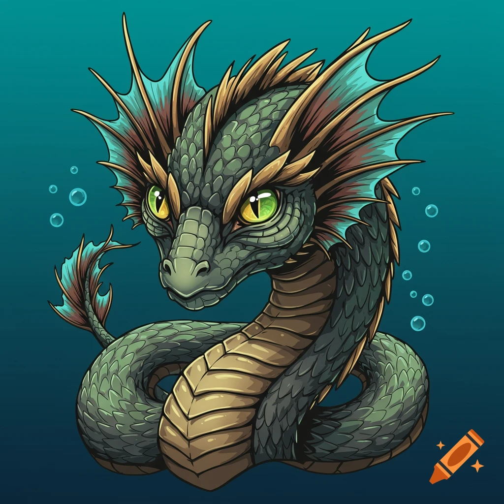 Vector illustration of a green and gold sea serpent bust underwater with bubbles.