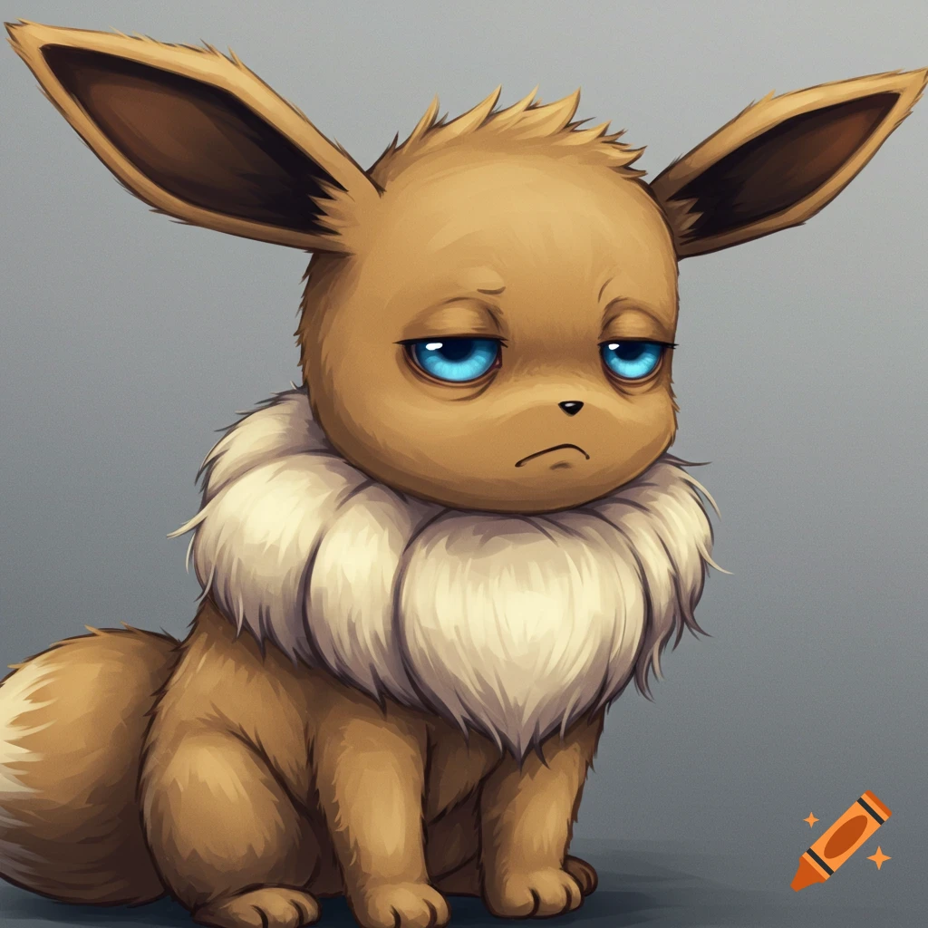 An Eevee sits with tired blue eyes and a sad expression.