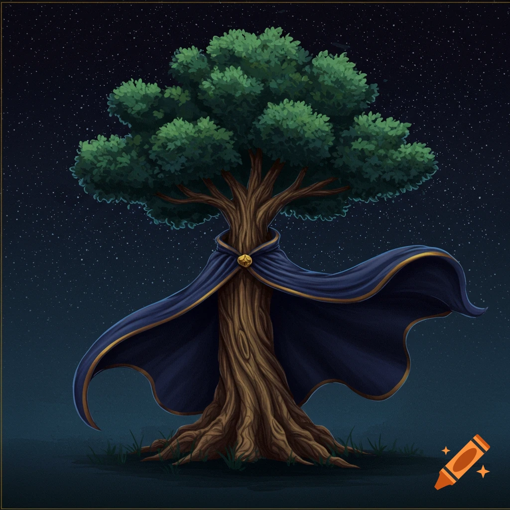 A tree wearing a blue cape stands under a starry night sky.